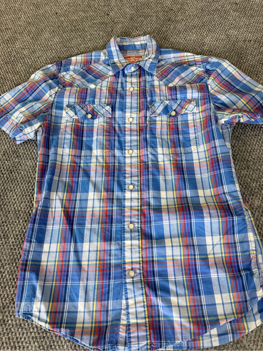 Levi’s Men’s Small Plaid Western Pearl Snap Shirt Blue Red Short Sleeve